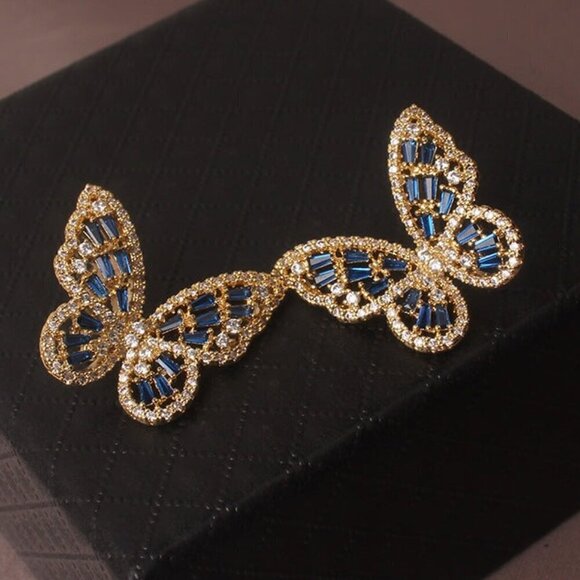 Zircon Butterfly Stud Earrings Blue and Gold - Picture 2 of 2